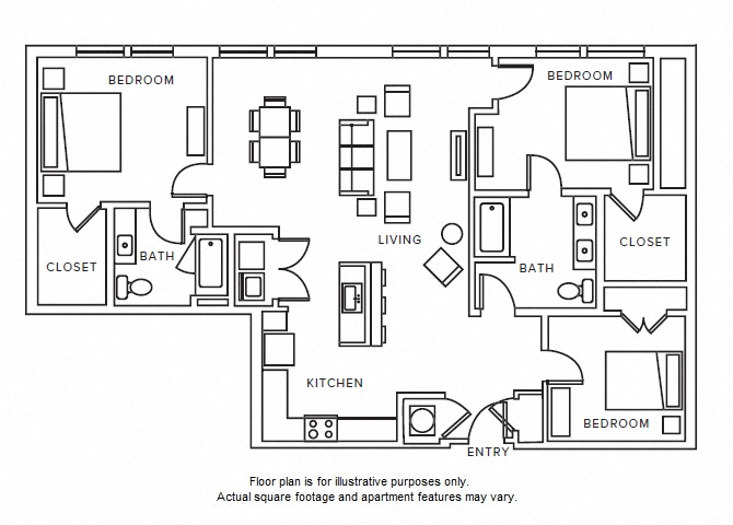 Floor plan for 3 beds, 2 baths, 1594 sqft